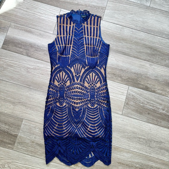 BARDOT Revolve Alice Dress Nacy Blue Tan MIDI Dress Size Small - Picture 3 of 13